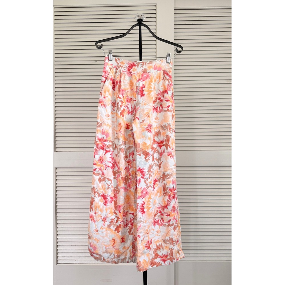 Abercrombie & Fitch Floral Wide Leg Linen Blend Pants XS Coral Orange Pink